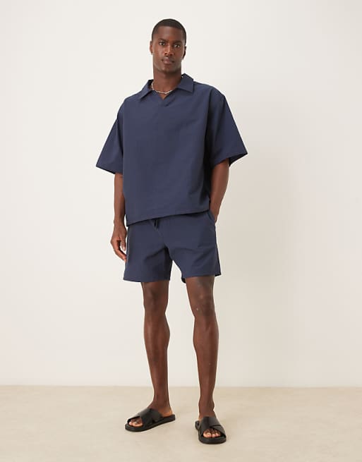 DESIGN Co-ord Boxy Oversized Textured Polo Shirt In Navy
