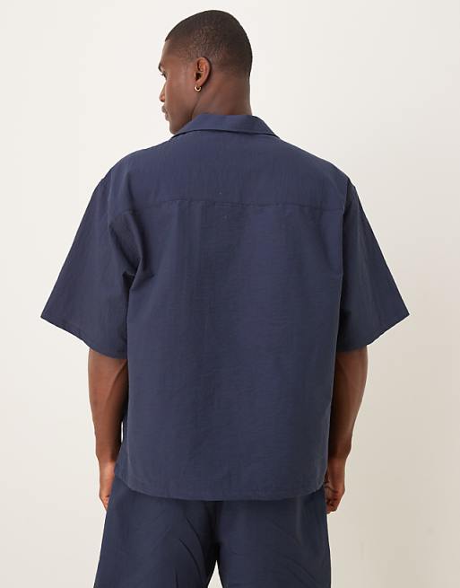 DESIGN Co-ord Boxy Oversized Textured Polo Shirt In Navy