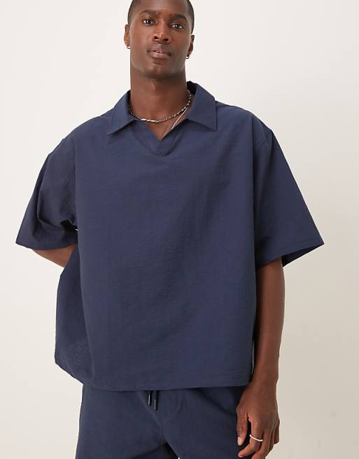 DESIGN co-ord boxy oversized textured polo shirt in navy