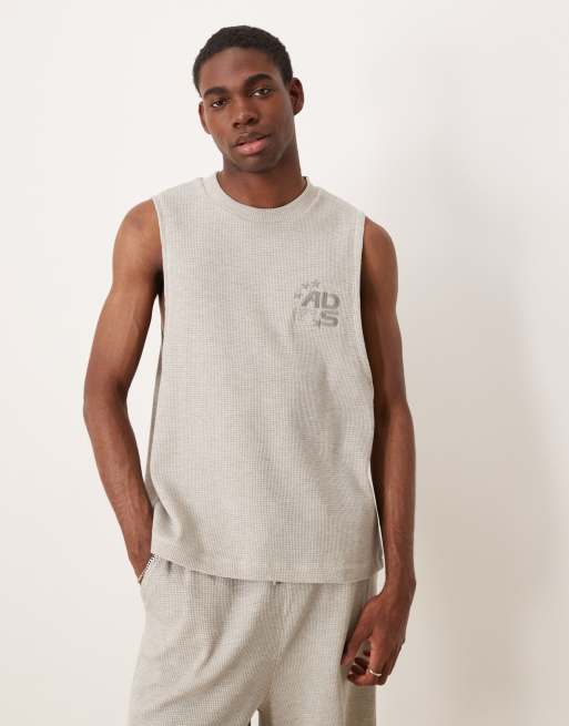 DESIGN Co-ord Boxy Relaxed Tank With Chest Embroidery & Shorts In Beige Waffle