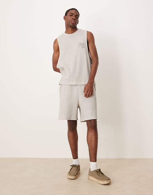DESIGN co-ord boxy relaxed tank with chest embroidery & shorts in beige waffle
