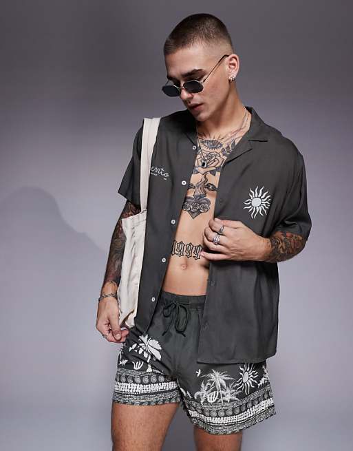 DESIGN co-ord boxy revere shirt with summer graphic in green