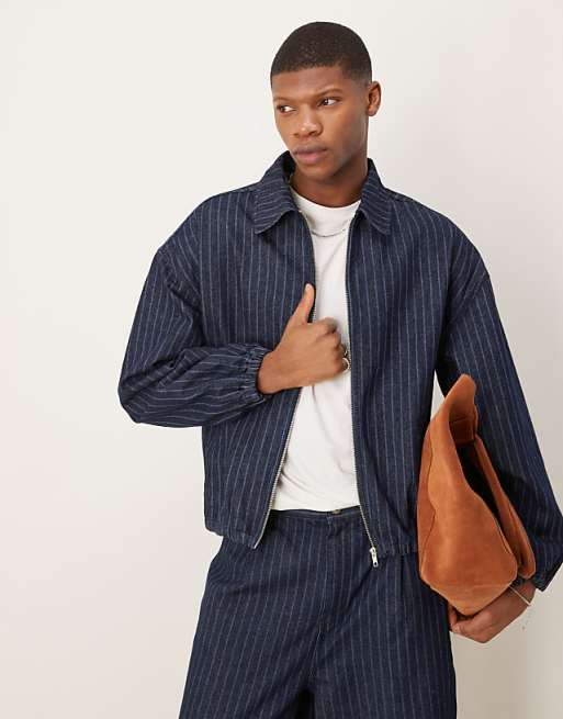 DESIGN co-ord denim jacket with stripe in dark wash blue