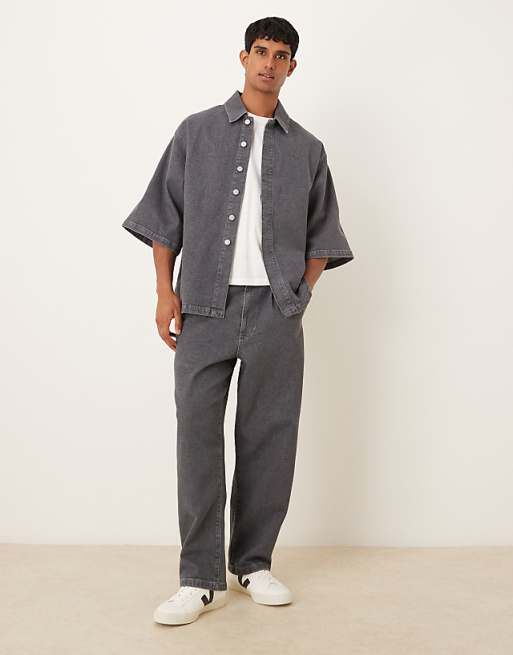 DESIGN co-ord denim shirt and jeans in grey