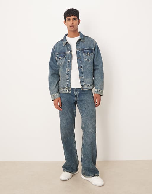 DESIGN Co-ord Denim Trucker Jacket In Mid Wash Blue With Yellow Tint