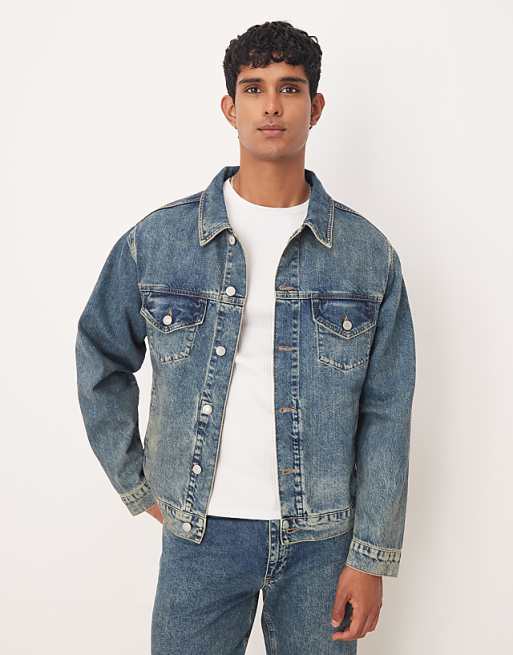 DESIGN co-ord denim trucker jacket in mid wash blue with yellow tint