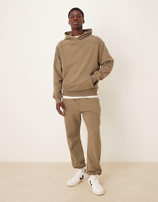 DESIGN Co-ord Garment Dye Heavy Wash Oversized Hoodie In Khaki