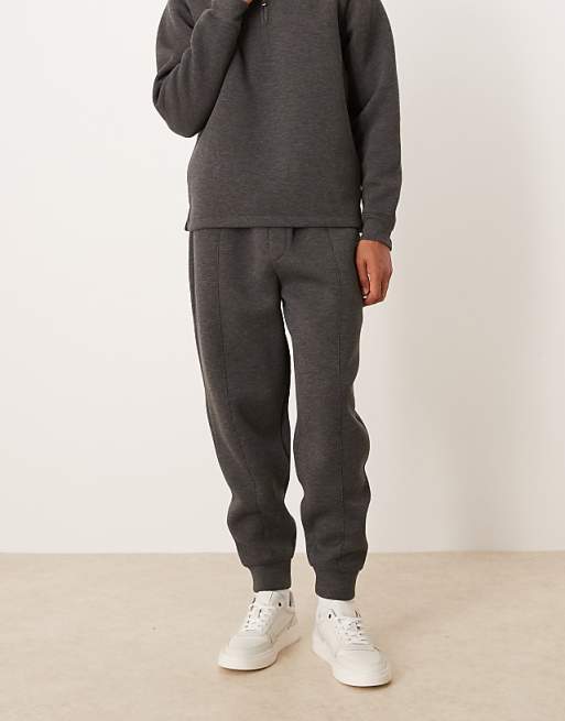 DESIGN Co-ord Heavyweight Tapered Jogger With Pintucks In Scuba-style Fabric In Charcoal Marl
