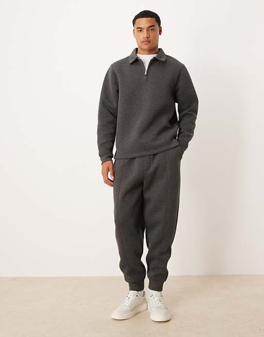 DESIGN co-ord heavyweight tapered jogger with pintucks in scuba-style fabric in charcoal marl