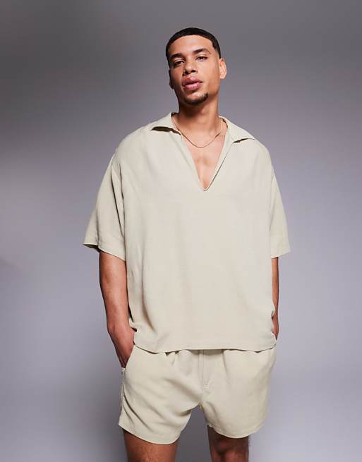 DESIGN co-ord linen blend oversized shirt in brown