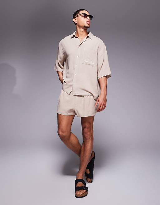 DESIGN Co-ord Linen Blend Oversized Shirt With Chest Embroidery In Brown