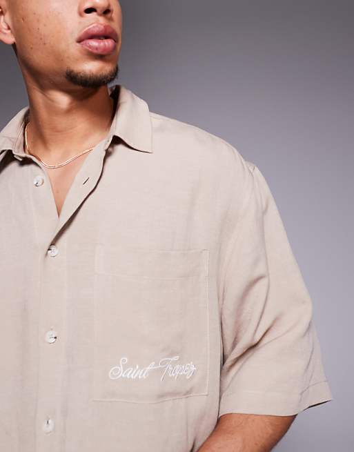 DESIGN Co-ord Linen Blend Oversized Shirt With Chest Embroidery In Brown