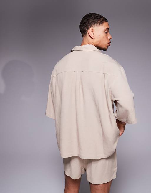 DESIGN Co-ord Linen Blend Oversized Shirt With Chest Embroidery In Brown