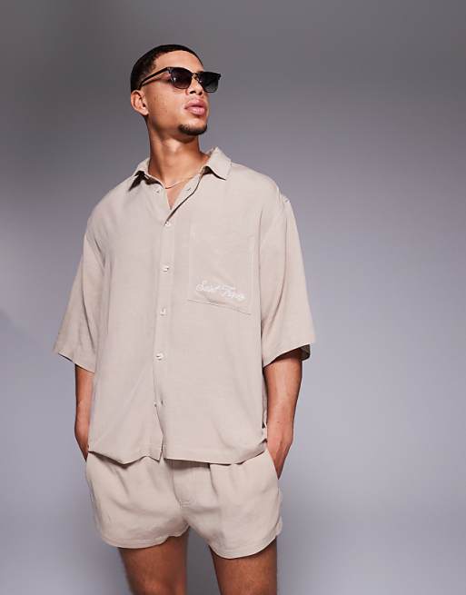DESIGN co-ord linen blend oversized shirt with chest embroidery in brown