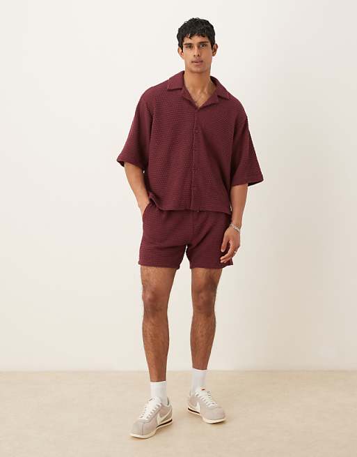 DESIGN Co-ord Oversized Half Sleeve Crochet Shirt In Burgundy