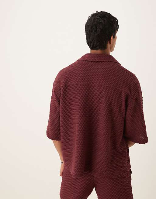 DESIGN Co-ord Oversized Half Sleeve Crochet Shirt In Burgundy