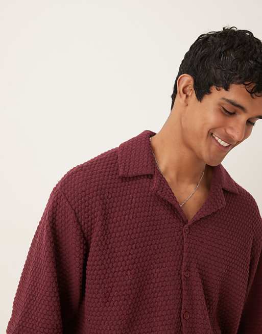 DESIGN Co-ord Oversized Half Sleeve Crochet Shirt In Burgundy