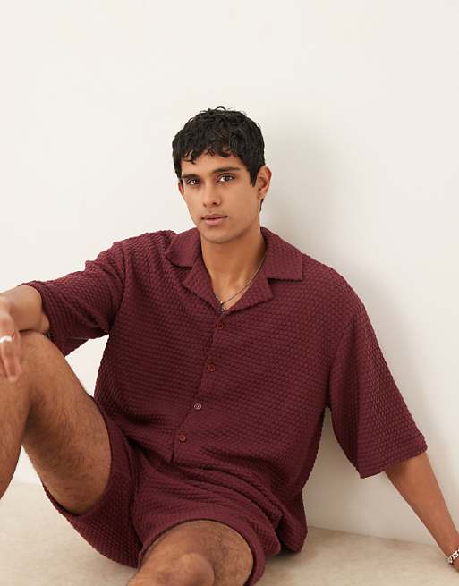 DESIGN co-ord oversized half sleeve crochet shirt in burgundy