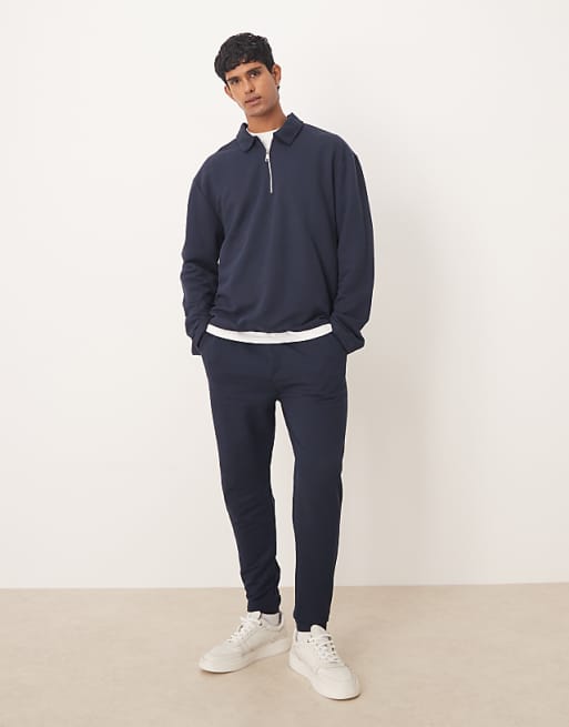 DESIGN co-ord oversized half zip polo & joggers in navy pique