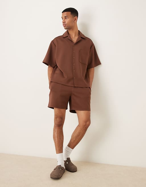 DESIGN Co-ord Oversized Revere Collar Shirt In Brown Scuba-style Fabric