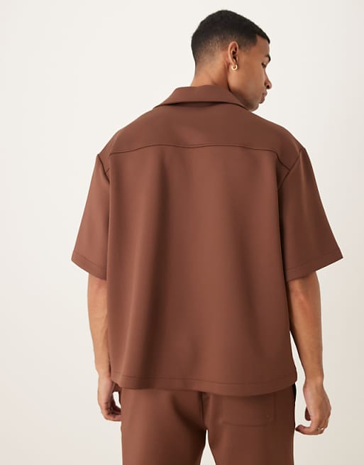 DESIGN Co-ord Oversized Revere Collar Shirt In Brown Scuba-style Fabric
