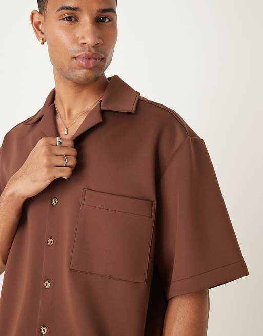 DESIGN Co-ord Oversized Revere Collar Shirt In Brown Scuba-style Fabric