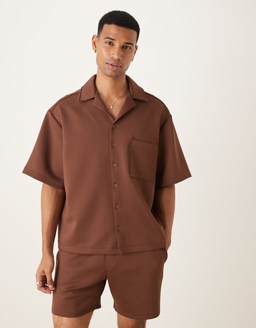 DESIGN co-ord oversized revere collar shirt in brown scuba-style fabric