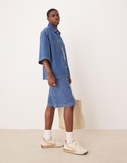 DESIGN Co-ord Oversized Short Sleeve Denim Shirt With Patch Pockets And Jorts In Mid Wash Blue - MBLUE