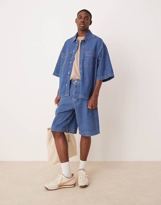 DESIGN co-ord oversized short sleeve denim shirt with patch pockets and jorts in mid wash blue - MBLUE