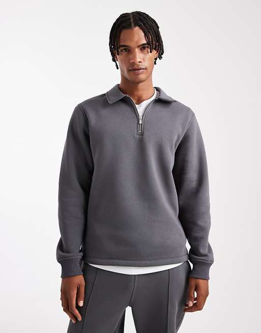 DESIGN co-ord quarter zip sweatshirt with collar in charcoal