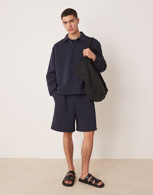 DESIGN Co-ord Relaxed Drop Shoulder Sweatshirt With Collar In Navy