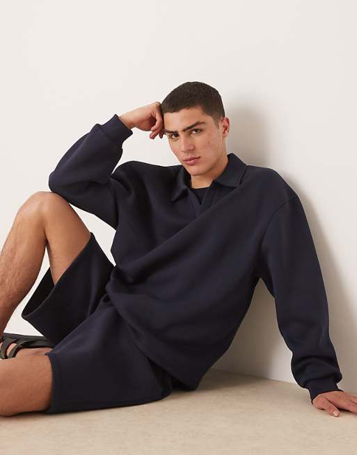 DESIGN co-ord relaxed drop shoulder sweatshirt with collar in navy