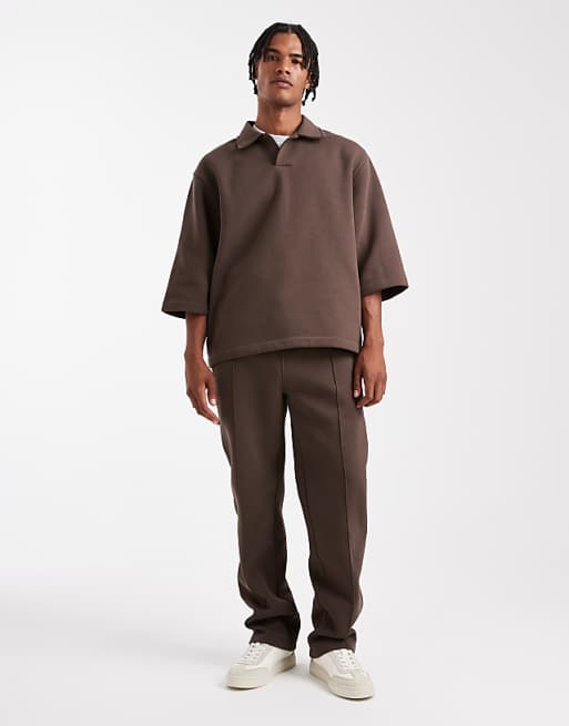 DESIGN Co-ord Relaxed Polo Short Sleeve Sweatshirt In Brown