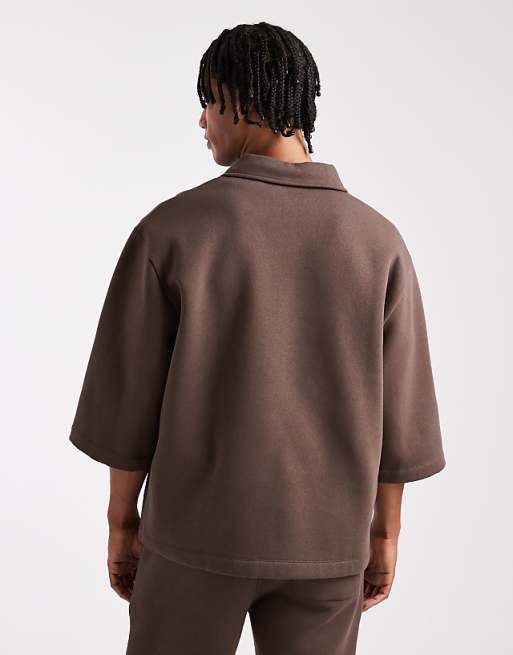 DESIGN Co-ord Relaxed Polo Short Sleeve Sweatshirt In Brown