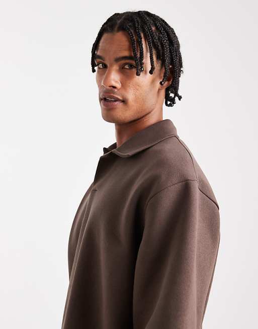 DESIGN Co-ord Relaxed Polo Short Sleeve Sweatshirt In Brown