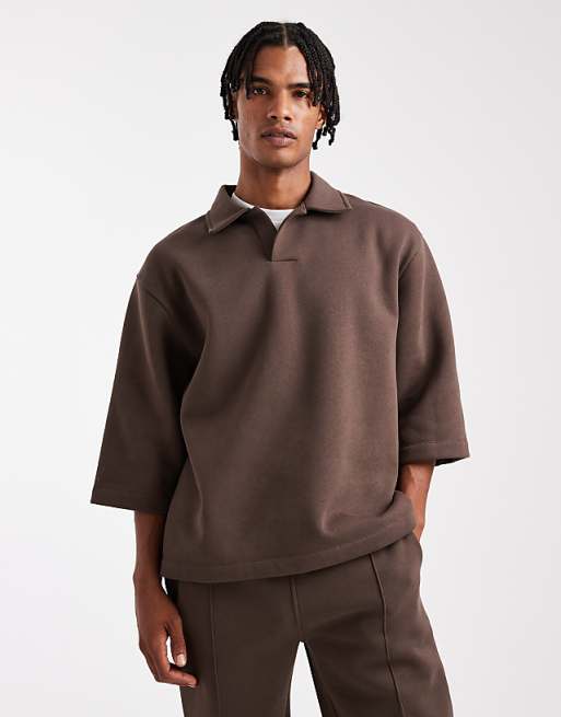 DESIGN co-ord relaxed polo short sleeve sweatshirt in brown