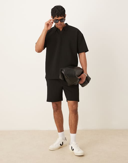 DESIGN co-ord slim heavyweight textured short in black