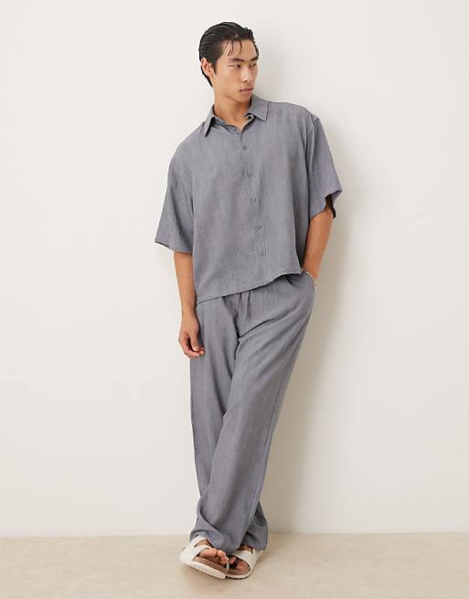 DESIGN co-ord straight leg textured trousers in blue