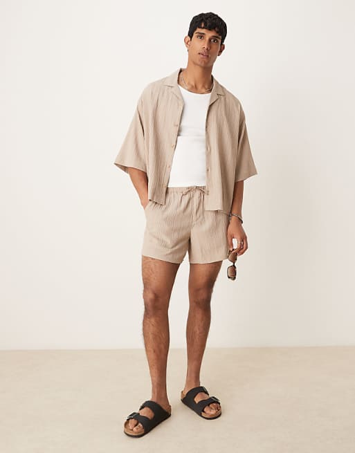 DESIGN Co-ord Textured Boxy Oversized Revere Shirt In Beige