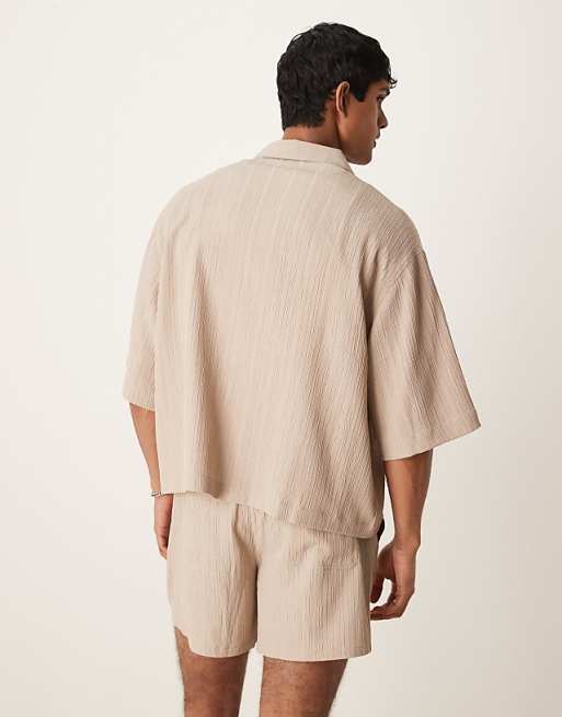 DESIGN Co-ord Textured Boxy Oversized Revere Shirt In Beige