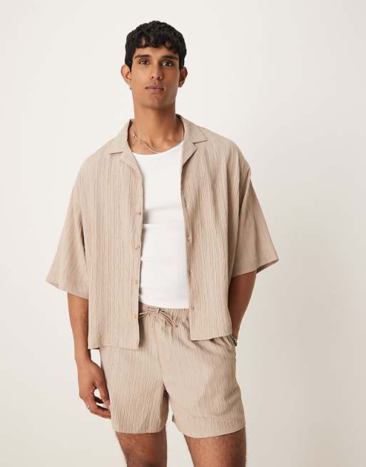 DESIGN co-ord textured boxy oversized revere shirt in beige