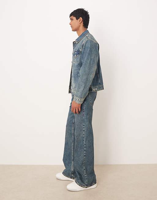 DESIGN Co-ord Wide Flare Jeans In Mid Wash Blue With Yellow Tint