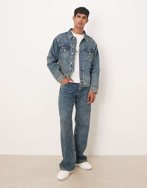 DESIGN co-ord wide flare jeans in mid wash blue with yellow tint