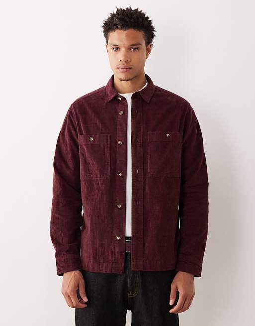 DESIGN cord overshirt in burgundy