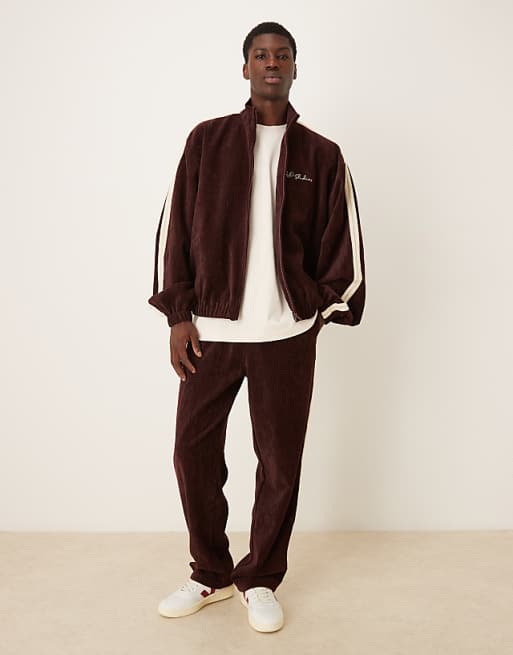 DESIGN Cord Track Jacket With Embroidery In Burgundy