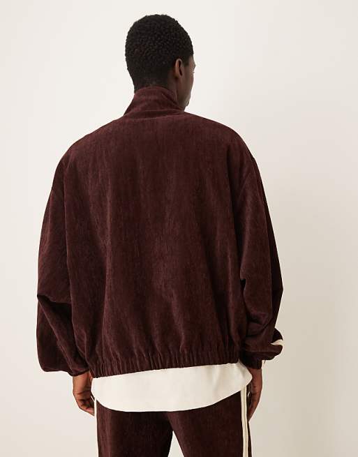 DESIGN Cord Track Jacket With Embroidery In Burgundy