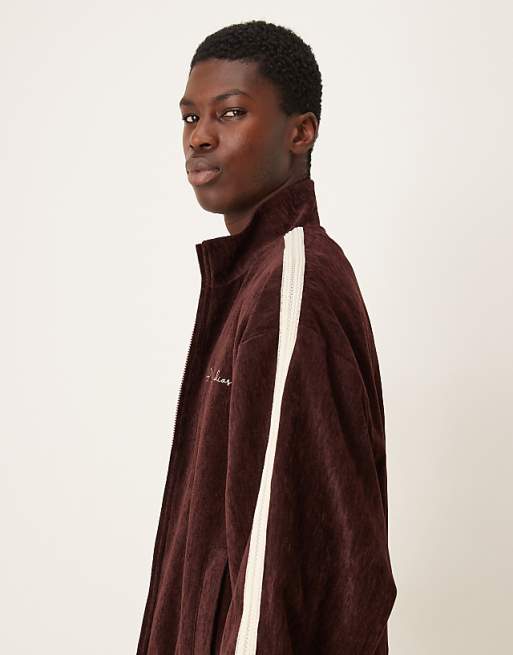 DESIGN Cord Track Jacket With Embroidery In Burgundy