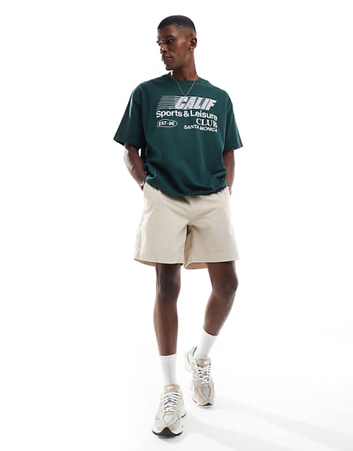 DESIGN corduroy shorts with workwear patch in stone