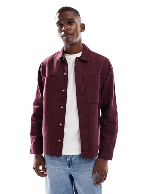 DESIGN cotton overshirt in burgundy