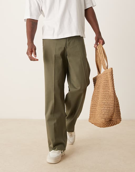 DESIGN Cotton Twill Wide Leg Trousers In Green